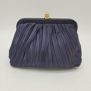 Pleated Navy Evening Clutch Bag with Gold Accent